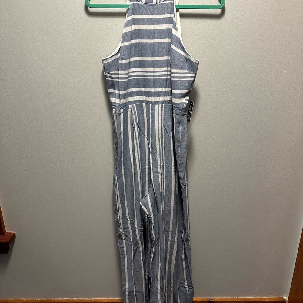 Express white/blue cotton blend striped wide leg high neck jumpsuit NWT Size S - Picture 2 of 9